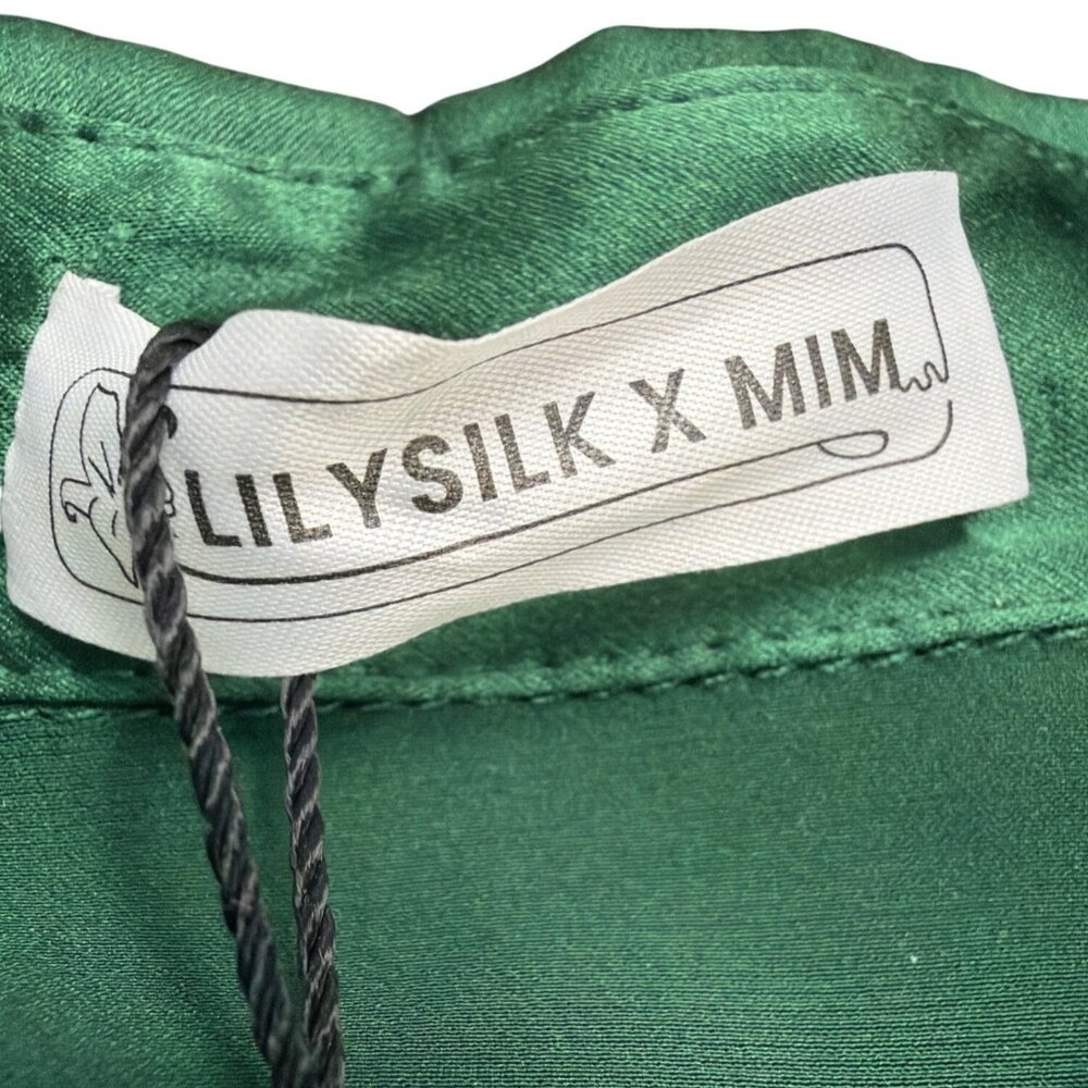 LilySilk Womens Green Mulberry Silk Bow-Tie Blouse Satin Button Cuffs Sz M - Picture 7 of 12